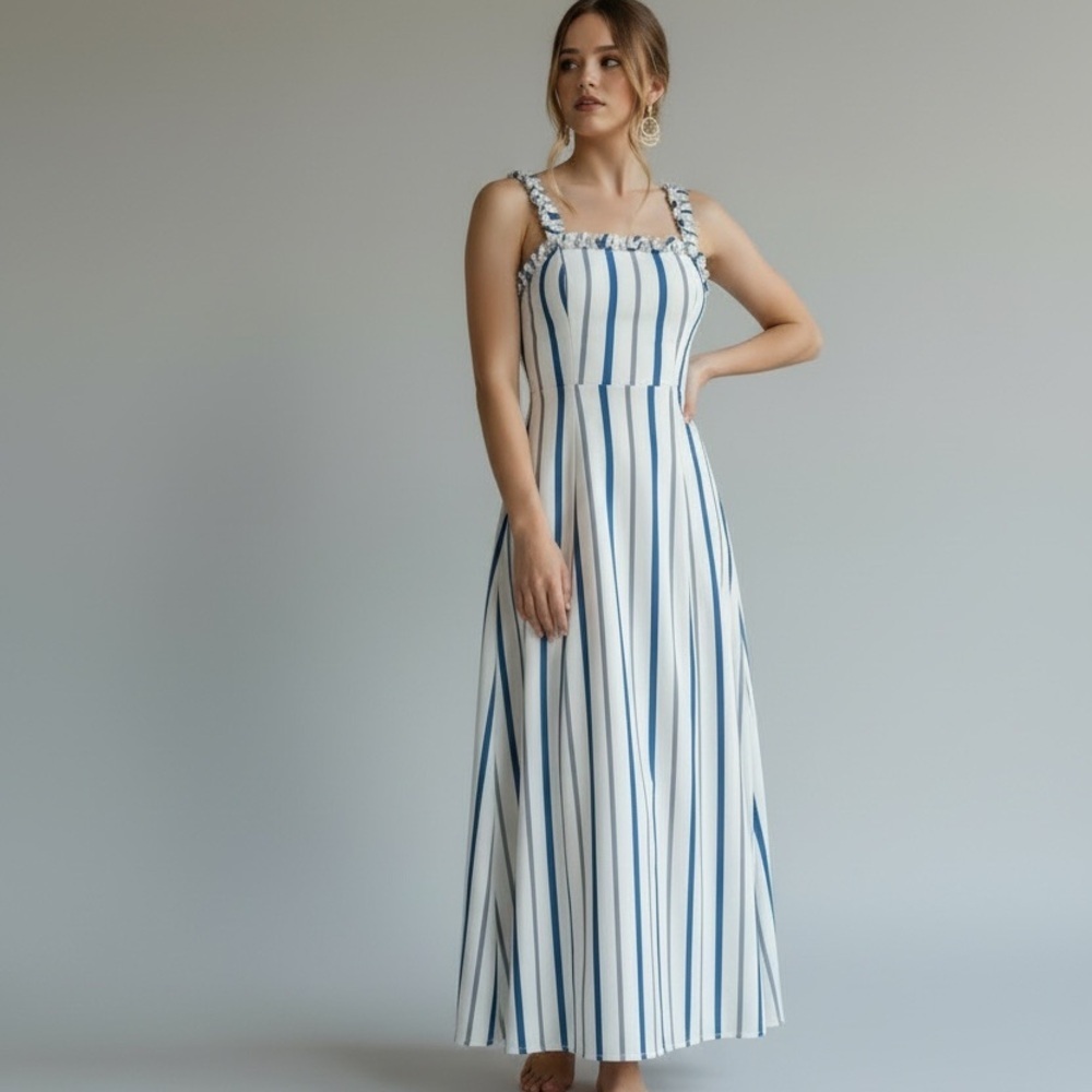 Cotton Candy Blue and White Striped Midi Dress with Ruffle Straps - Picture 3 of 4
